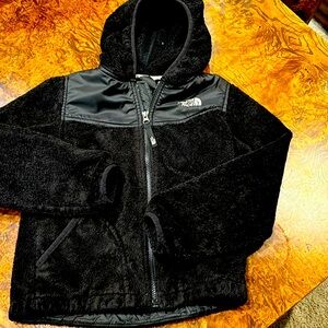 North face, hooded, zippered fleece jacket.